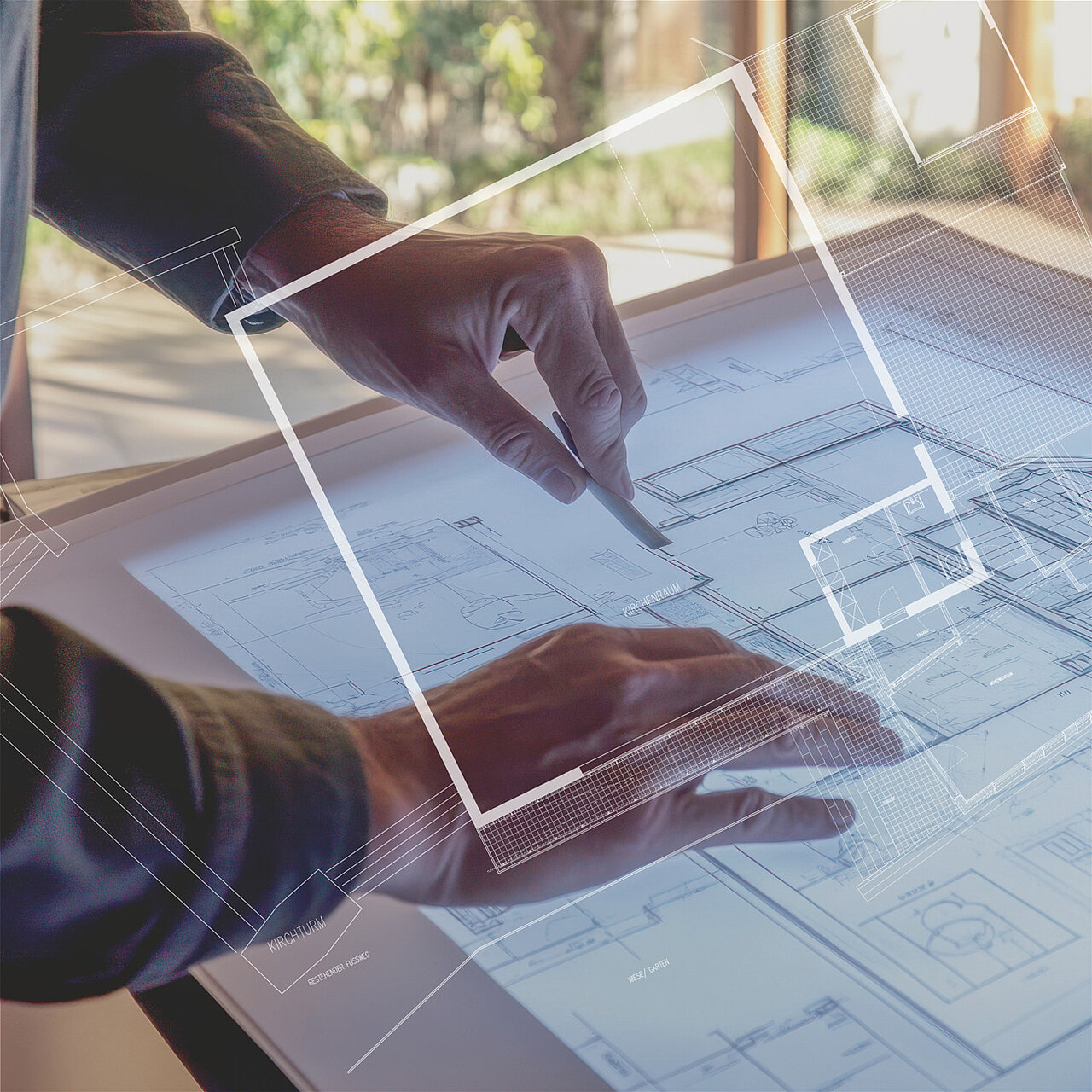 Hände zeichnen Architekturgrundriss auf Leuchttisch mit digitalen Overlays