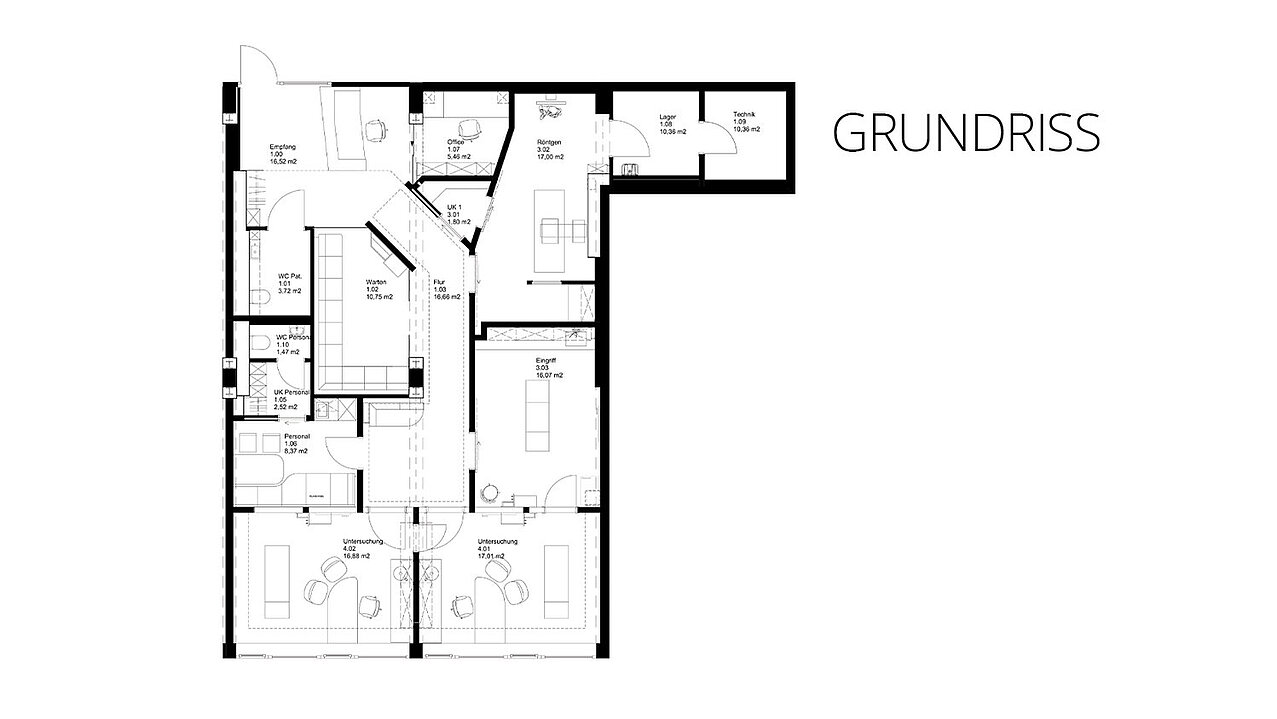 Grundriss Gelenkzentrum Ulm mit Untersuchungsräumen und Wartebereich
