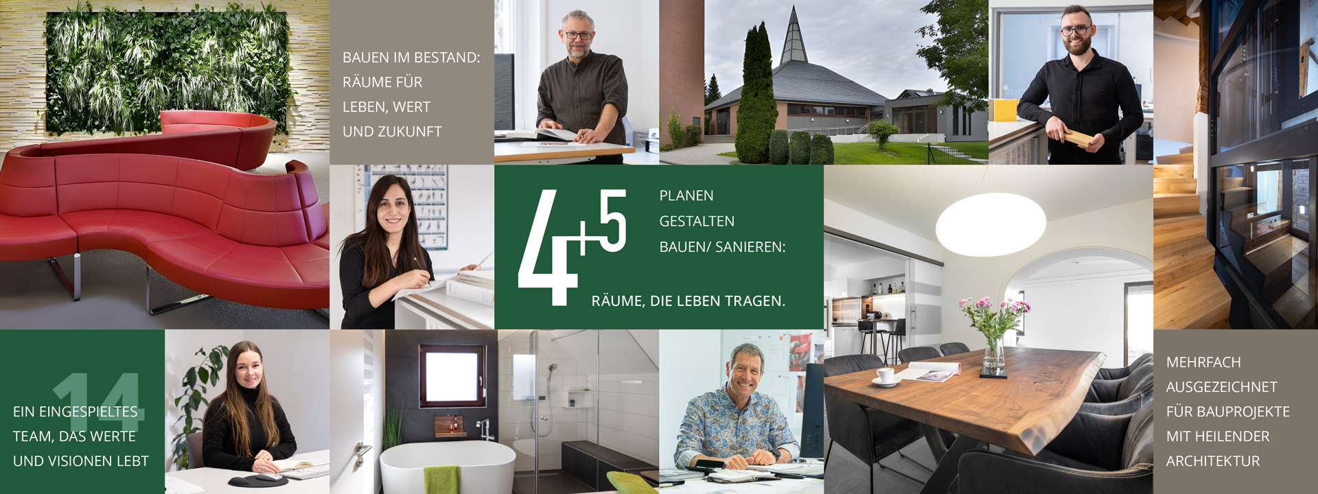 Collage mit 4+5 Logo Innenräume Team und Architektur
